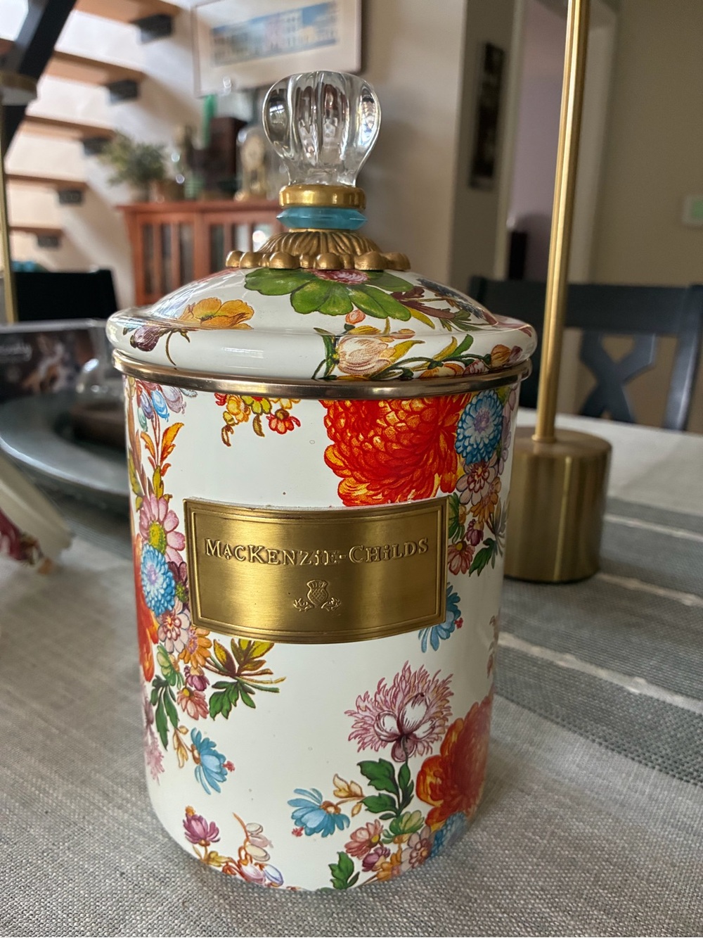 MacKenzie-Childs White Flower Market Medium 8.5” Canister w Blue Ring! EUC